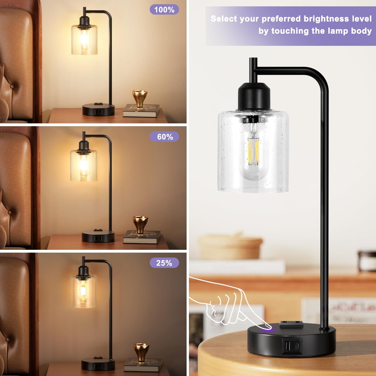 Industrial Touch Table Lamps for Bedrooms Set of 2 - 3-Way Dimmable Lamps with USB C+A Ports and Outlet, Black Bedside Lamps with Seeded Clear Glass Shade for Living Room, Desk Lamps for Home Office