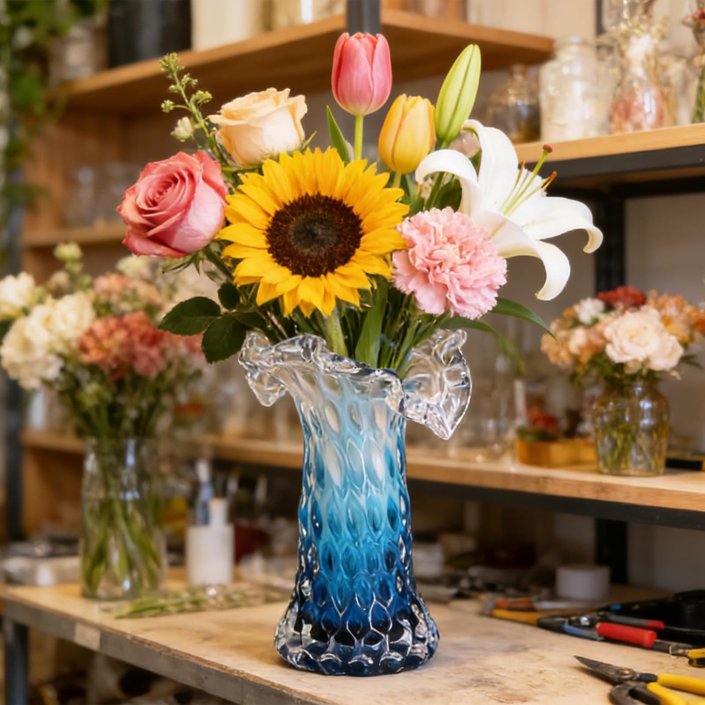 Unique Waves Hand Blown Crystal Glass Vase - Blue Gradient Flower Vase for Home Decor& Living Room Table, Centerpieces & Gift