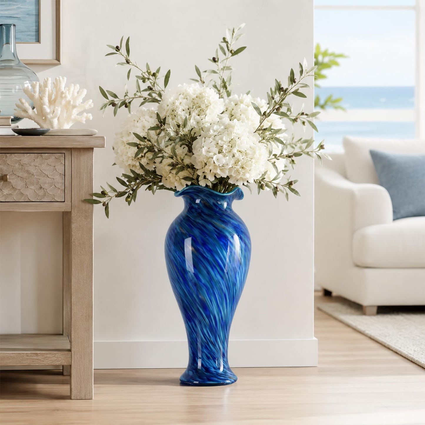20" Tall Hand Blown Glass Vase – Pretty Ruffle Wide Mouth Decorative Flower Vase, for Modern Home Decor, Ideal Centerpiece for Living Rooms, Wedding & Home Decor