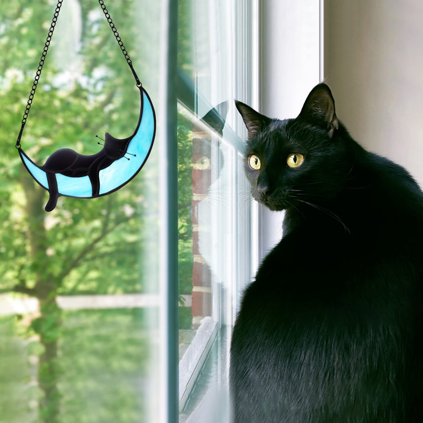 BOXCASA Black Cat Moon Suncatcher Stained Glass Cat Witchy Gift for Women