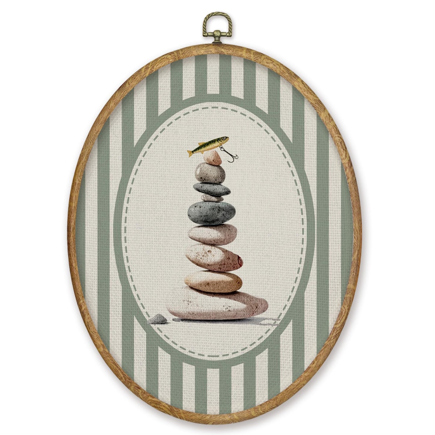 CGBHW Stacking Stones Fish Zen Oval Wall Art Decor, Lake House Canvas Prints Framed, Green Striped Calming Stones with Fish Lure Wall Art Hanging Decor for Home Kitchen Bedroom Zen Room, 8.6x11.4 Inch