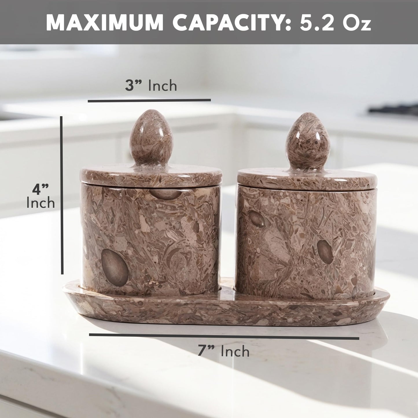 Marble Salt Cellar with Lid and tray 4 Inch Oceanic Handmade Salt Container, Set of 2 Seasoning Jars, Spice Storage Containers for Kitchen Countertop, Sugar Bowl