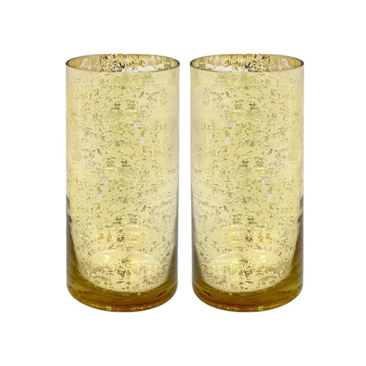 Hosley Set of 2 Mercury Gold Glass Vases – Elegant Flower Pots for Boho Decor, Wedding Gifts, Decorative Centerpieces, Hurricane Style Vase for Home, Events, and DIY Crafts
