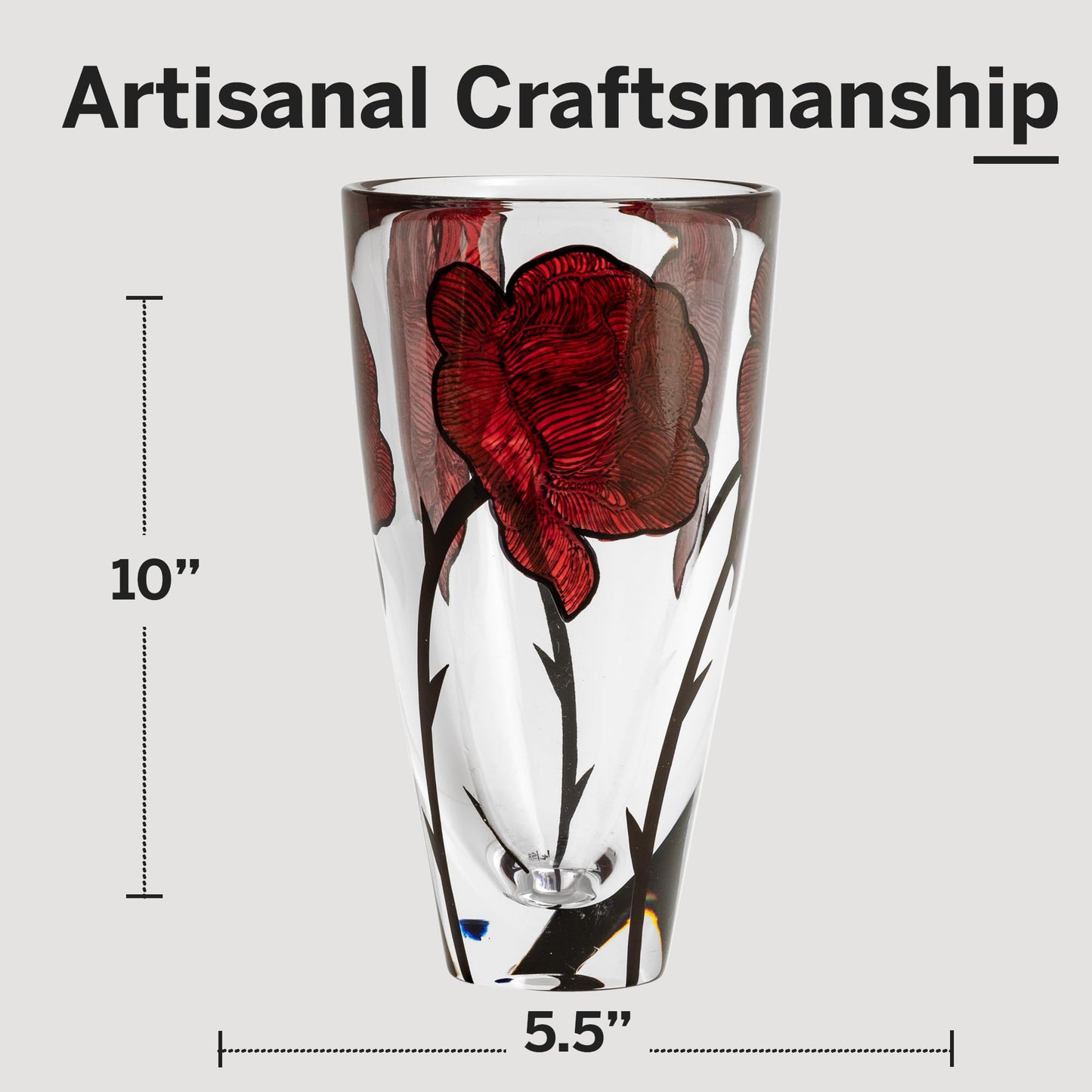Kosta Boda 10" Tattoo Vase, Hand-Painted Glass - Rose Tattoo Inspired, Home & Office Decor - Table Centerpiece, Versatile Container for Florals, Red/Clear