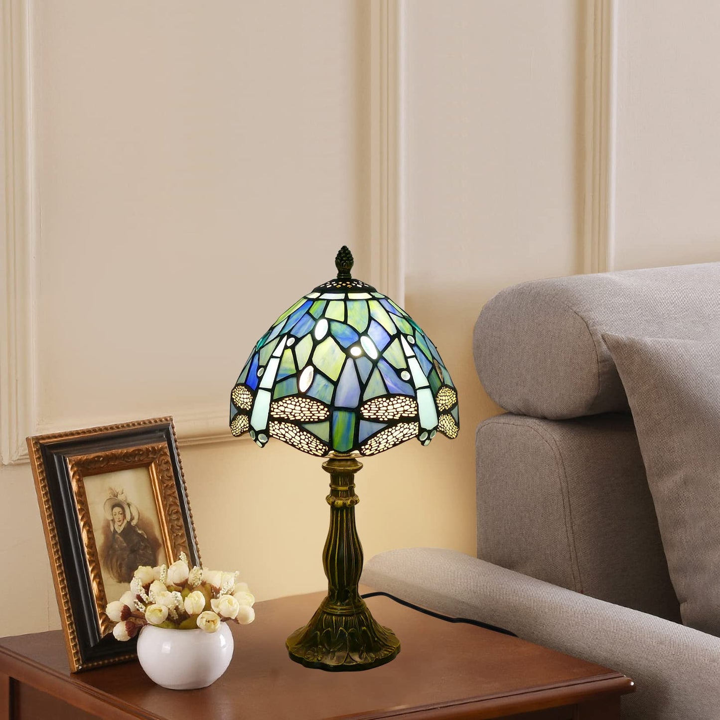VirtueKing Tiffany Lamp Sea Blue Stained Glass Table Lamp 8X8X15 Inches Dragonfly Style Desk Reading Light Decor Beside Table Lamp for Bedroom Living Room Home Office