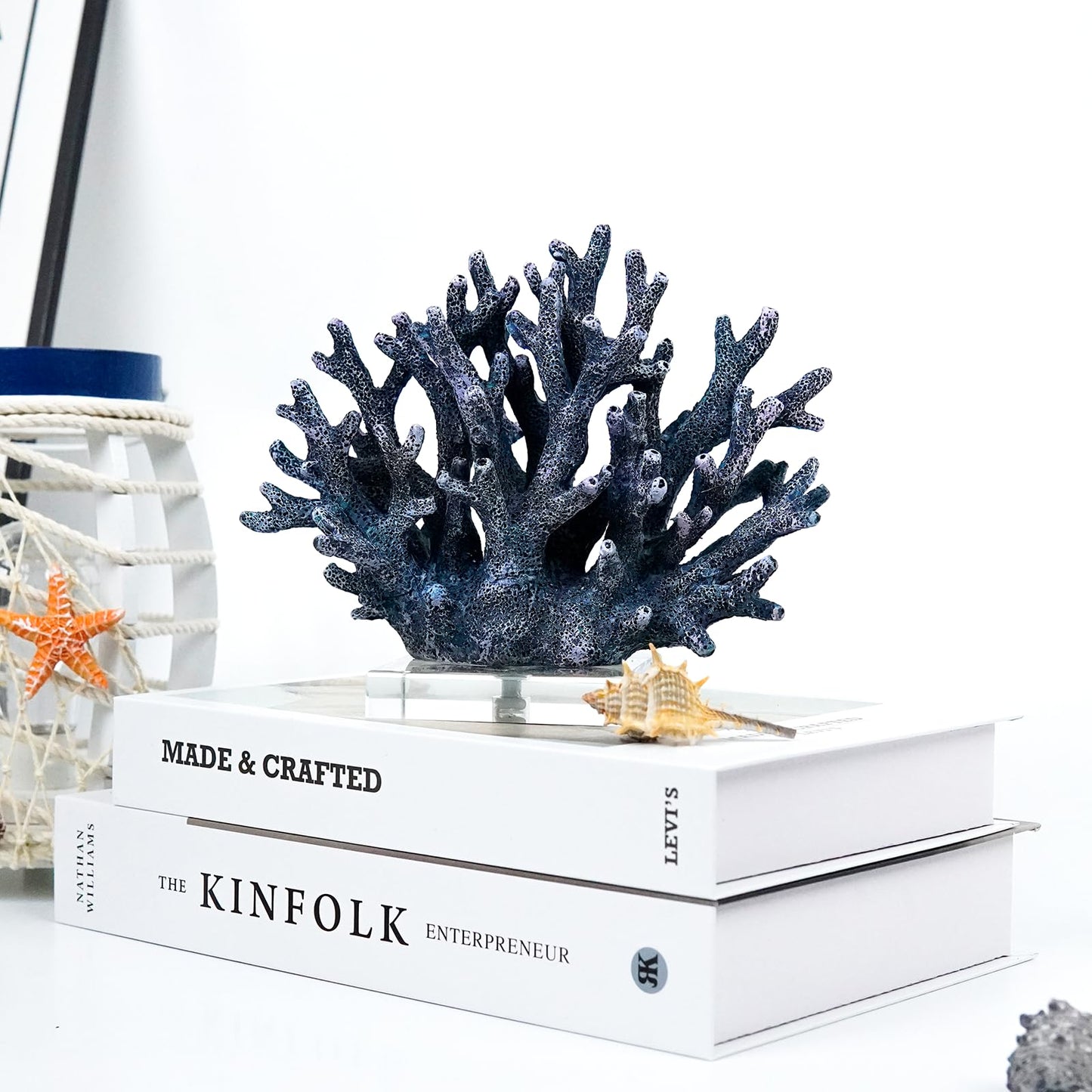 vlinlvo Coral Reef Beach Decor,6.3'' High x 7.5'' Width Artificial Resin Coral Reef Statue for Ocean Coastal Beach Nautical Themed Room Bathroom Decor for Home,RB1001B,Blue