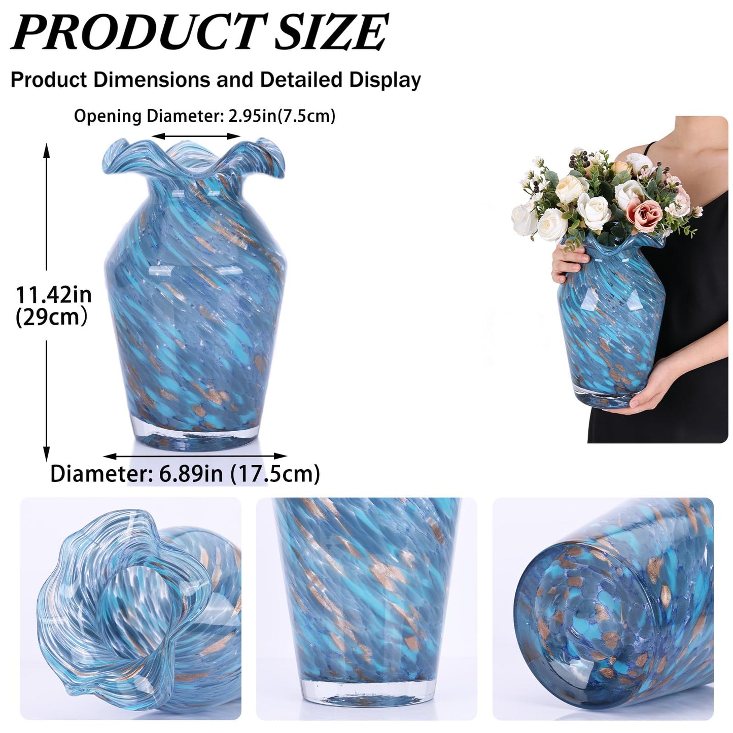 11in Blue Hand Blown Large Glass Vase - High-Waisted Rhombus Ruffle | Vases Home Decor, Blown Glass Centerpiece for Dining Room Table, Decorative Glass Flower Vase for Living Room Wedding (S)