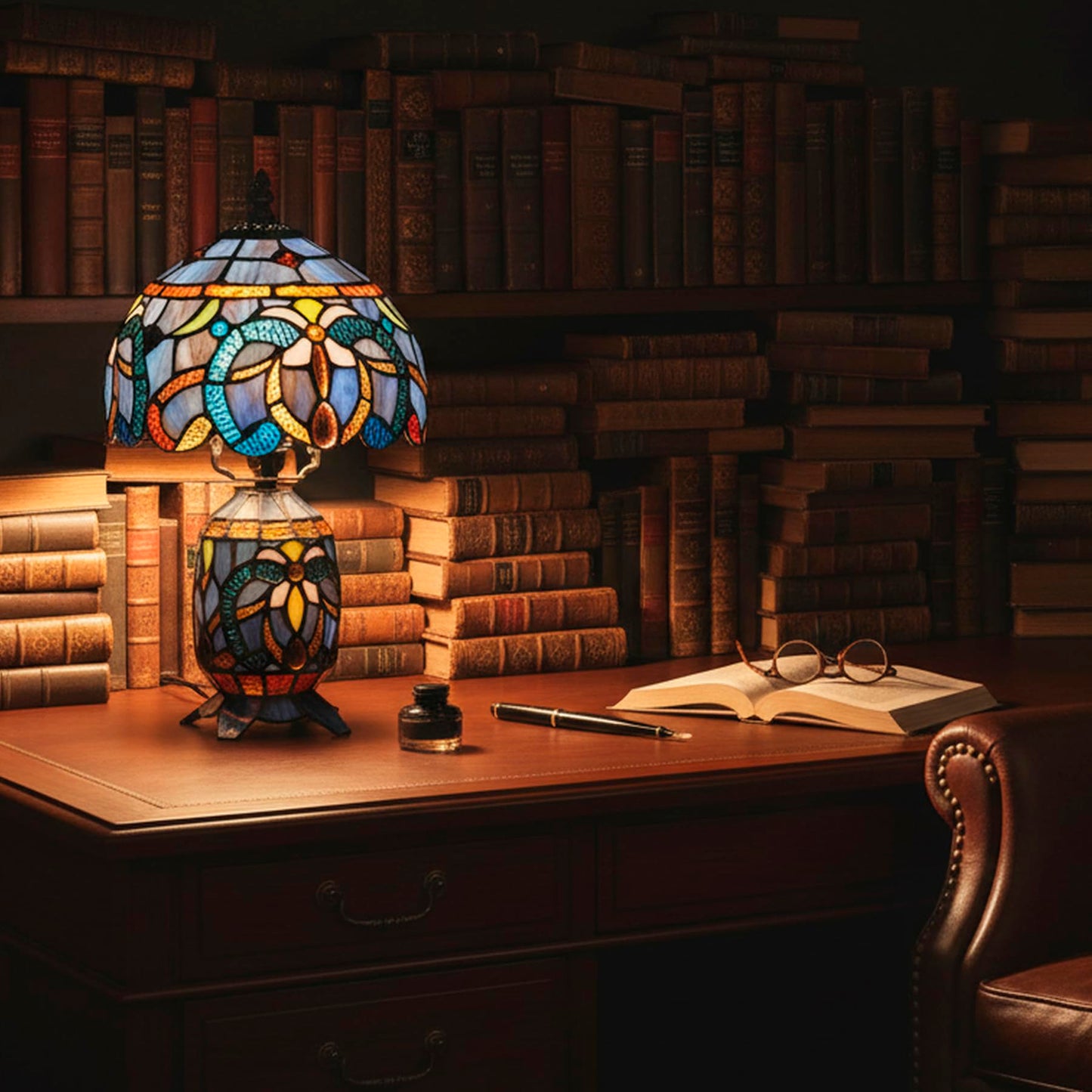 TCODTPOL Small Tiffany Stained Glass Table Lamp 8X14 Inches (Blue Purple)