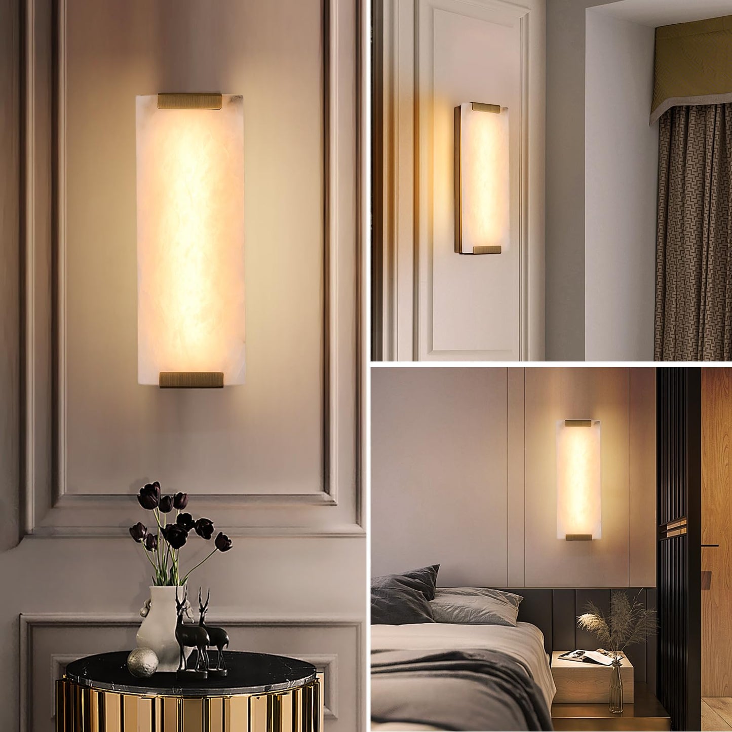 HOMLUCE 14.2in Alabaster Wall Sconces, Large Natural Marble Wall Sconces Set of Two, LED Modern Wall Lamp for Bedroom, Stairs, Living Room, Vanity, Bedside, Hallway （Brushed Bronze 12W）