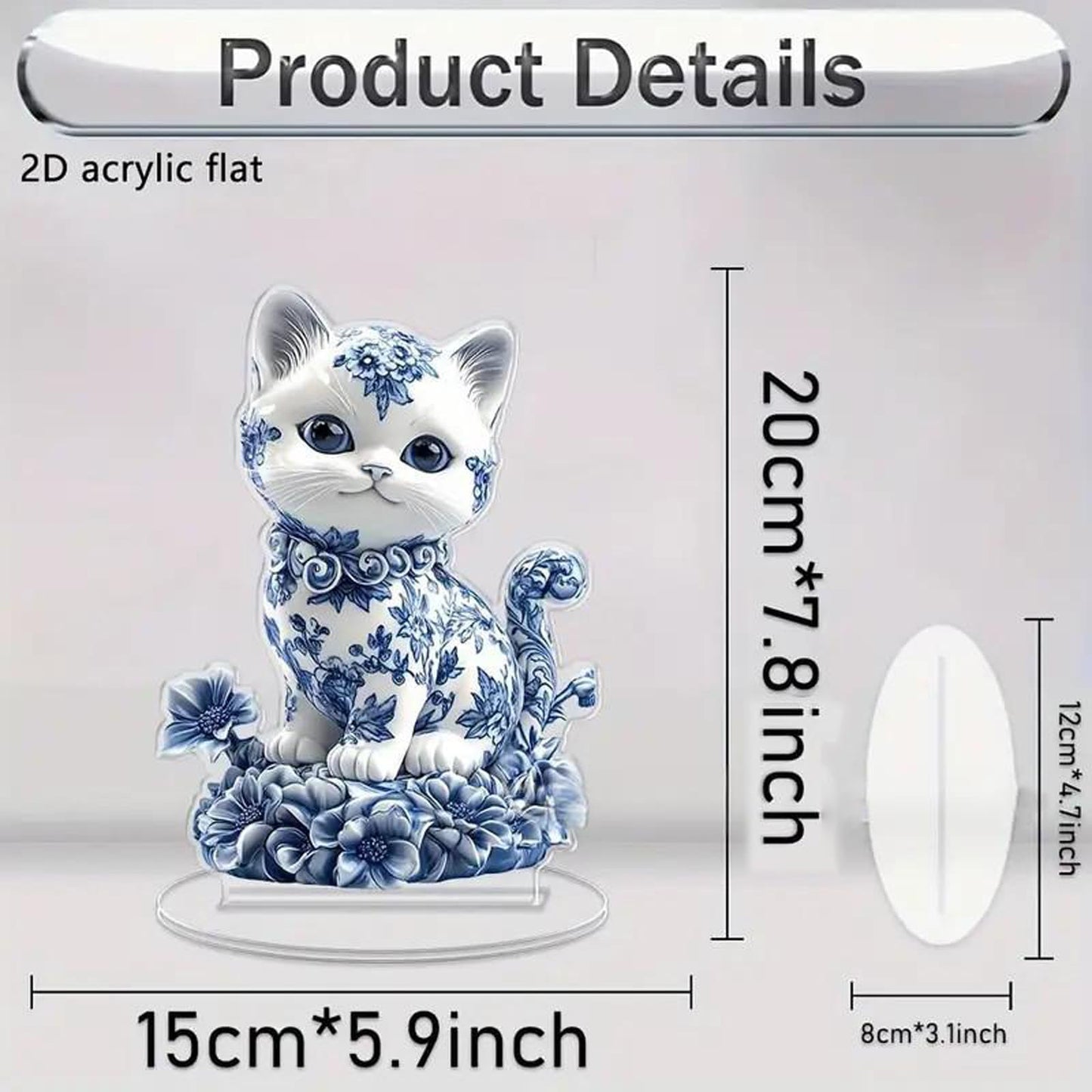 Desktop Standee, Rotatable Elf Acrylic Stand, 2D Flat Art Fairy and Peacock Tabletop Decorative Ornament, Home Study Room Bookshelf Office Creative Decor Supplies (Blue and white porcelain-cat)