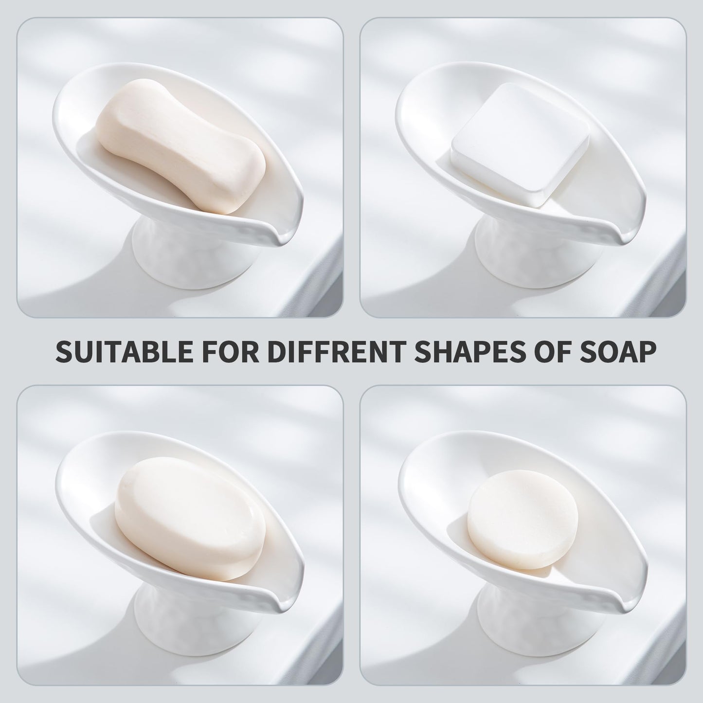 Self Draining Soap Dish,Soap Dish for Shower,White Ceramic Soap Holder for Bathroom Kitchen Shower Keeps Soap Dry, Easy to Clean(Matte White)