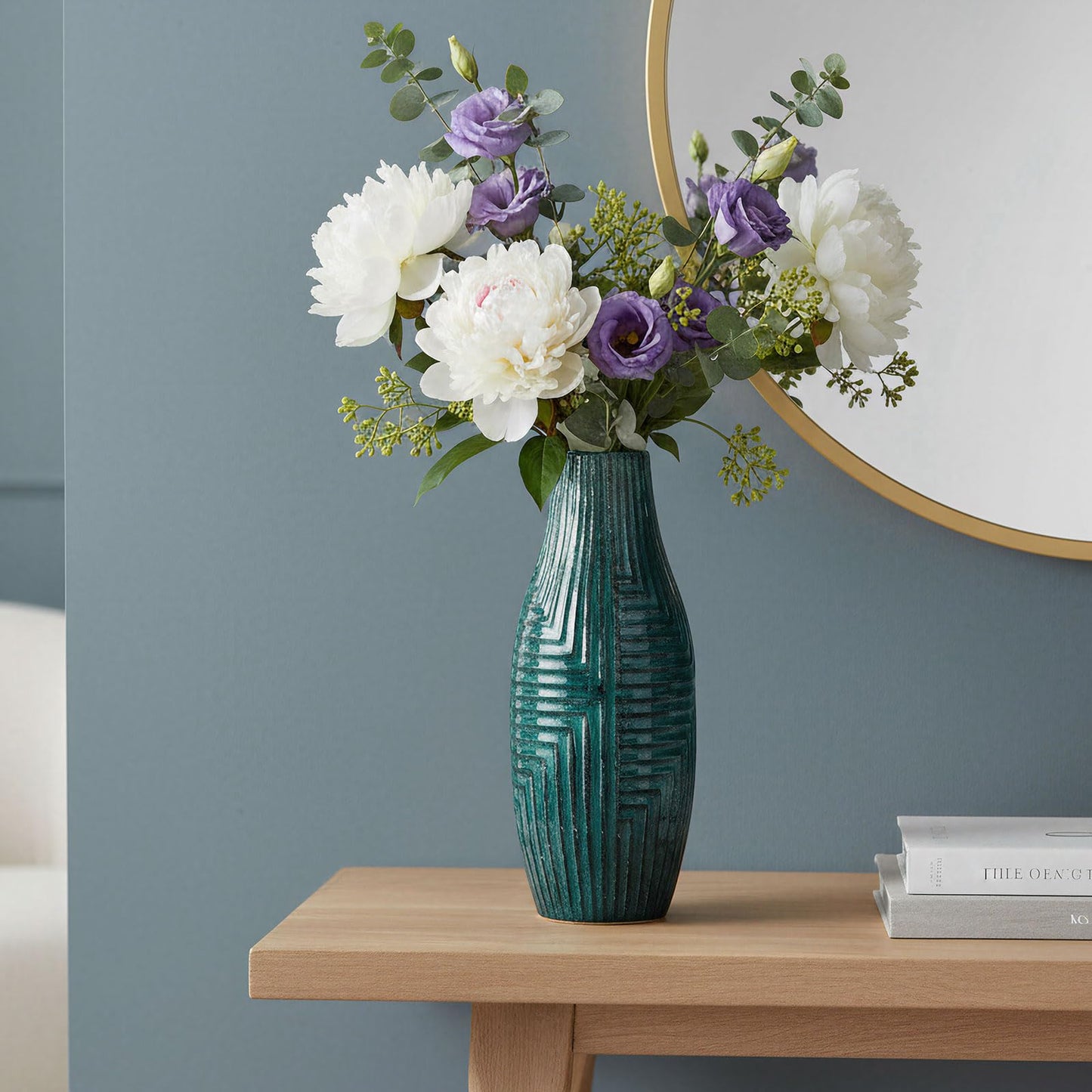 hjn Teal Hand-Glazed Ceramic Vase - 13.8" H Modern Decorative Centerpiece Vase for Fresh/Dried Flowers, Home Decor for Living Room Bookshelf Mantel | Wedding Housewarming Gift