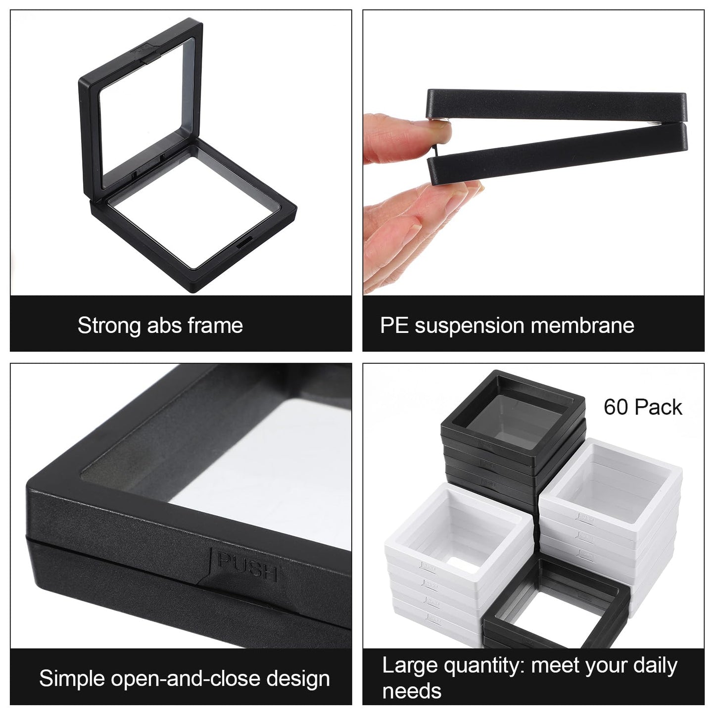 60 Pcs 3D Floating Display Case, 3.5 x 3.5 x 0.8 Inch Clear Coin Frame Holder Stands for Antique Challenge Coins, Jewelry, Shells, Gems, Minerals, Rocks, Specimens, Pins, Medals (Black & White)
