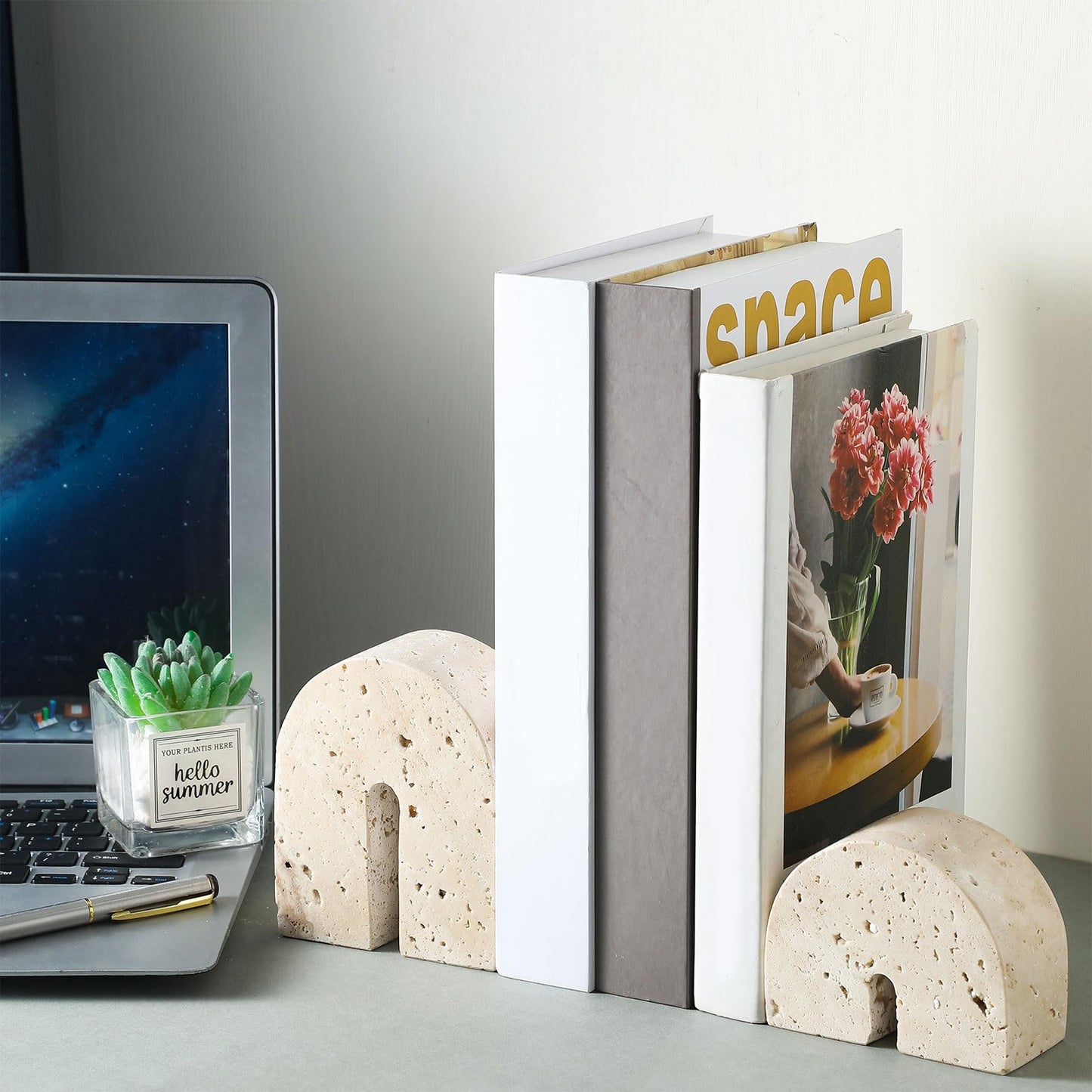 Newtay 2 Pcs Marble Bookends for Shelves 5 Inch and 3 Inch Natural Travertine Book Ends Decorative Stone Bookends Heavy Duty Marble Book Holder for Bookshelf Home Decor