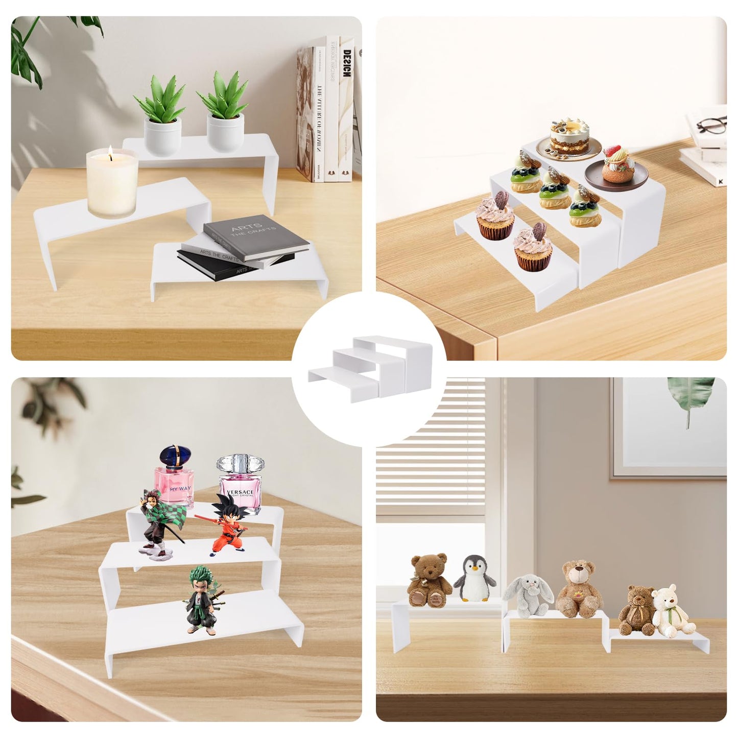 CRAFTIFANO Acrylic Display Risers 2 Sets 3 Tier Cupcake Stand for Dessert Jewelry Pop Figures Shelves Retail Shoe Showcase (White)