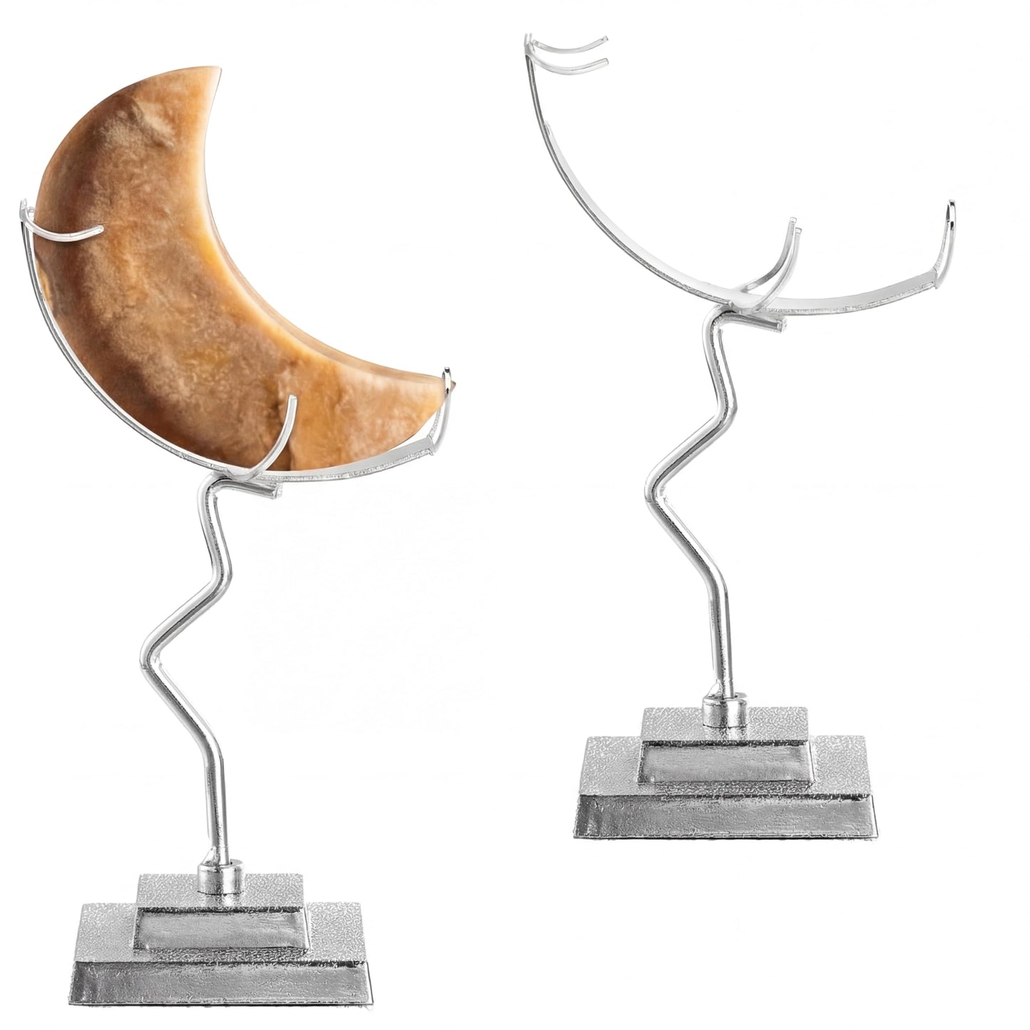 BrightRow 2 Pcs Moon Crystal Holder Rock Display Stand Moon Shaped Crystal Display Gemstones Holder Metal Rock Stands with Base for Gemstones Mini Balls Geodes Mineral Agate Home Office Decor(Silver)
