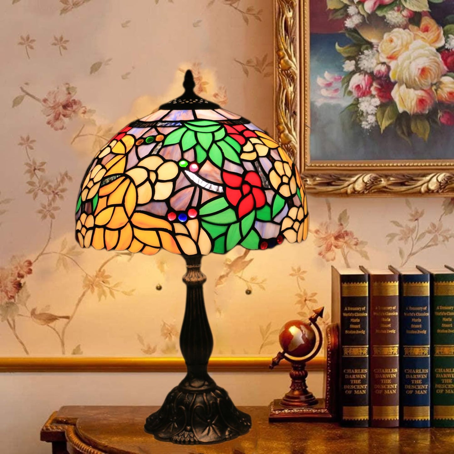 tuomoxte Tiffany Table Lamp for Living Room,Camellia Flower Stained Glass Lamp Shades for Bedside Nightstand Table LampsW/LED Bulb,12X12X19 Inch Tall Home Office Reading Dining Room Desk Lamps