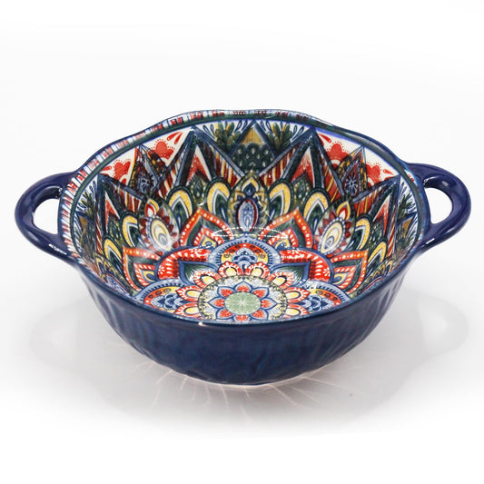 Ronanemon Bohemia Large Bowls with Handle, 40 oz Ceramic Soup Bowl for Salad, Pasta, Cereal,Fruit, Udon, Microwave & Dishwasher Safe (Blue)