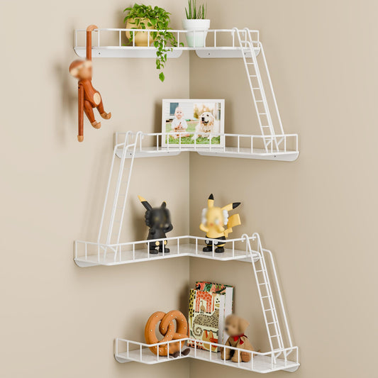 WOPITMER Fire Escape Wall Shelf - Modern City Style 4-Tier Corner Wall Shelves, Easy to Install Metal Ladder Shelf for Figures, New York Decorative Shelves for Bathroom, Living Room & Home Decor,White