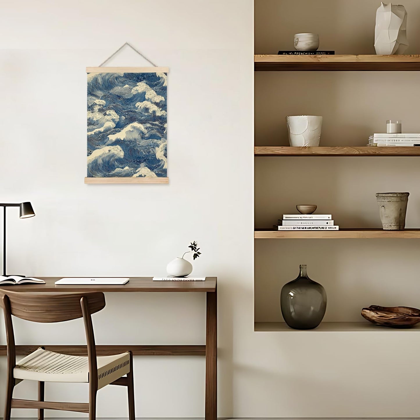 Nipil Blue and White Wave Japandi Poster Hanger Frame, Japanese Room Decor, Abstract Japanese Wabi Sabi Ocean Waves Coastal Beach Hanging Canvas Framed Wall Art Decor for Home, 12x16 Inch