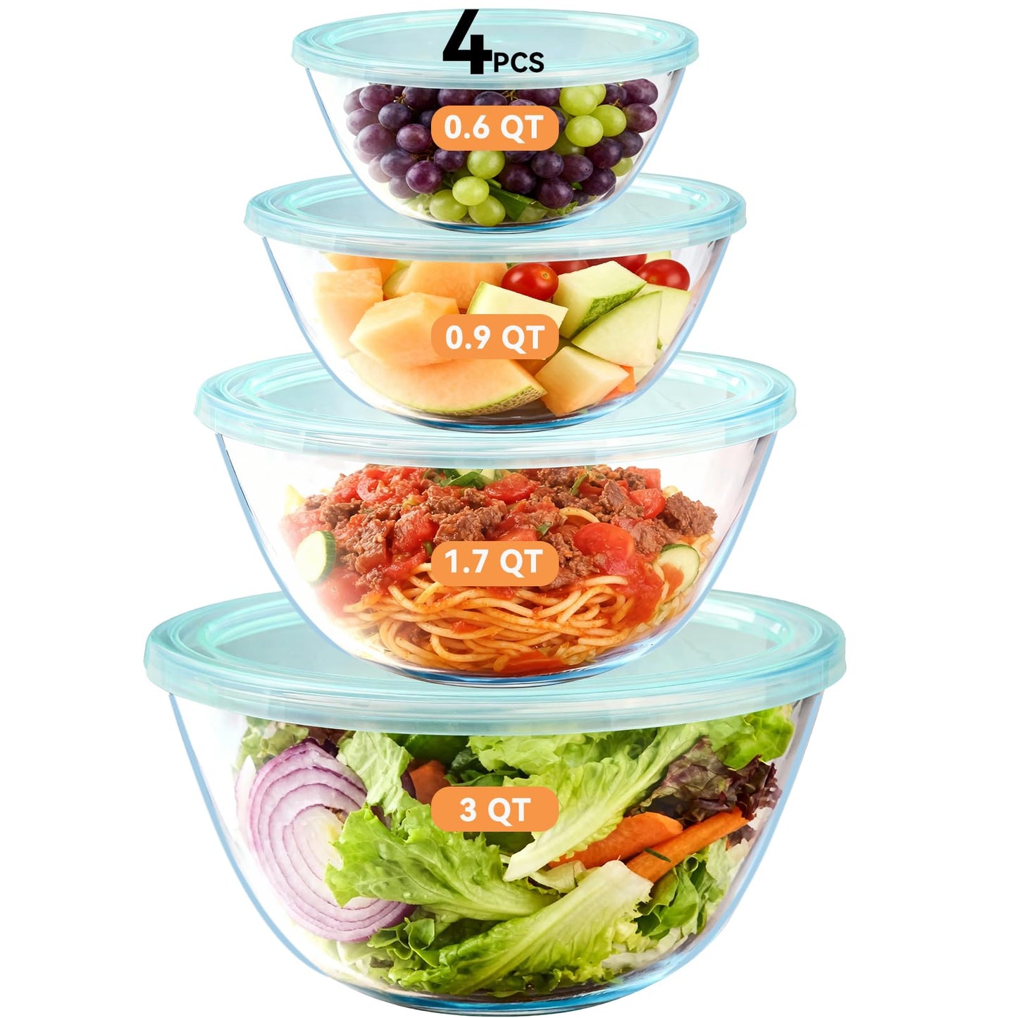 YUANYE 4 Pack Glass Mixing Bowls with Lids Set (3QT/1.7/0.9/0.6QT),Thick Glass Large Salad Bowl Set, Nesting Kitchen Bowls for Serving, Prepping, Cooking and Baking, Dishwasher, Oven,Microwave Safe