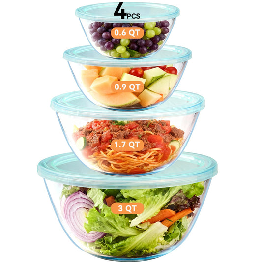 YUANYE 4 Pack Glass Mixing Bowls with Lids Set (3QT/1.7/0.9/0.6QT),Thick Glass Large Salad Bowl Set, Nesting Kitchen Bowls for Serving, Prepping, Cooking and Baking, Dishwasher, Oven,Microwave Safe
