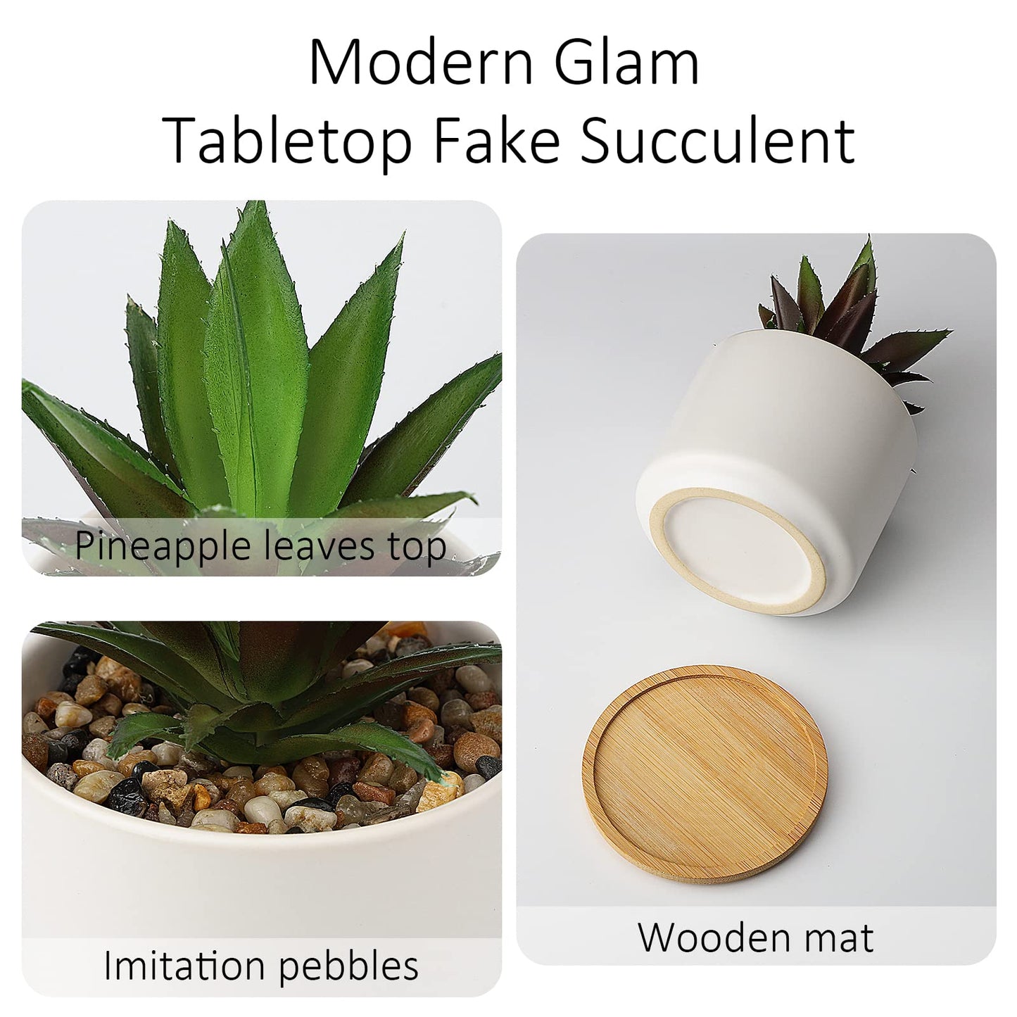 Hopewood Cute Indoor Decor Plants, Artificial Succulent Plants in Ceramic Pots with Bamboo Tray, Faux Potted Plants