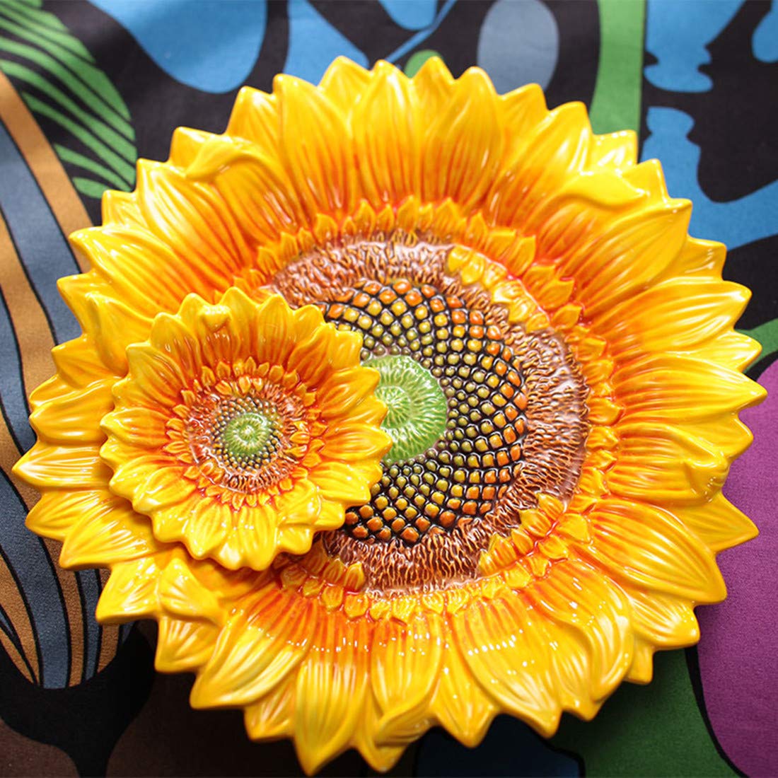 FORLONG Ceramic Chip & Dip Platter,11 inches Double Layer Hand-painted Yellow Decorated Plate -Sunflower