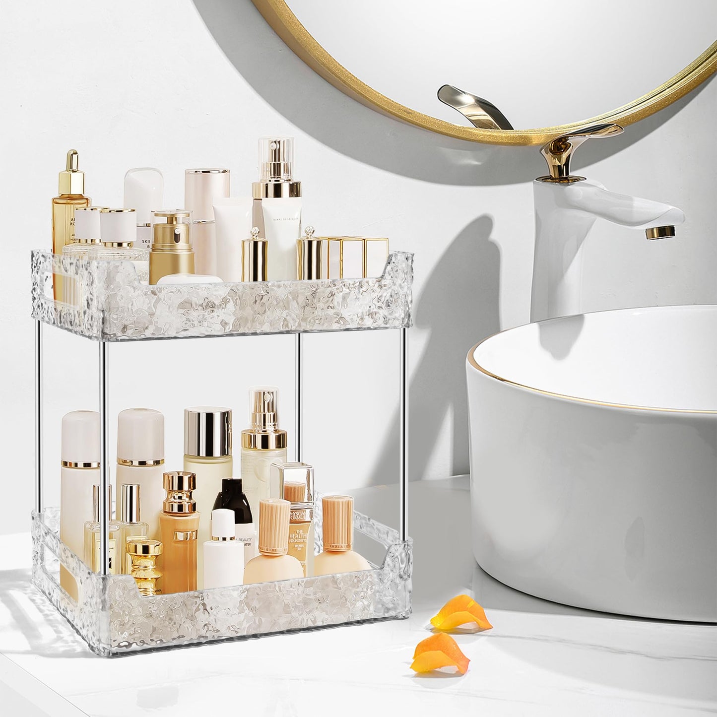 TENDER EPOCH 2-Tier Bathroom Counter Organizer Countertop Storage, Dresser Organizer Vanity Tray for Makeup, Perfume Organizer Cosmetics Skincare Shelf - Clear
