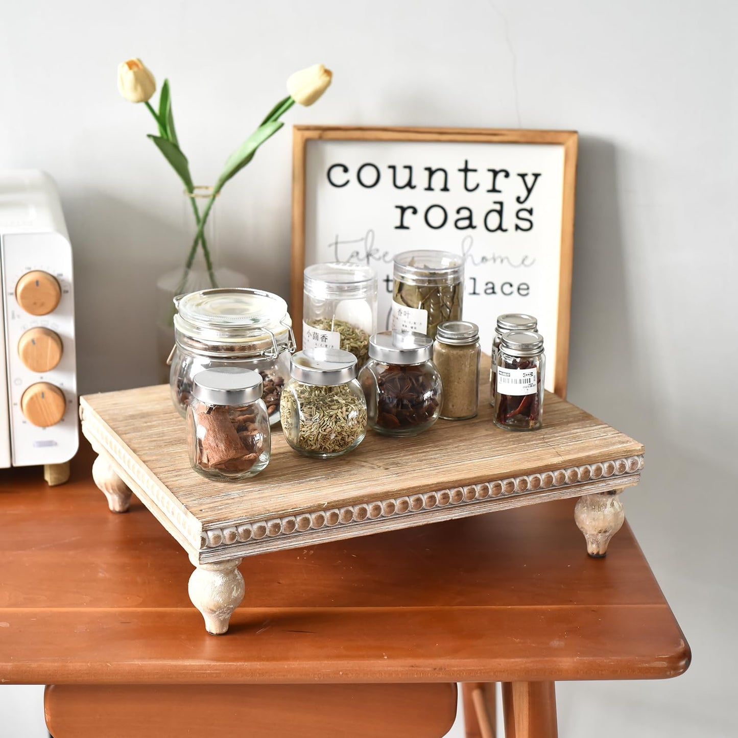 SwallowLiving Farmhouse Wood Riser for Display Decorative, Rustic Shabby Chic Tray for Kitchen Counter, Coffee Bar Table, Dining Room, Wooden Rectangle Beaded Pedestal Stand for Food, Natural
