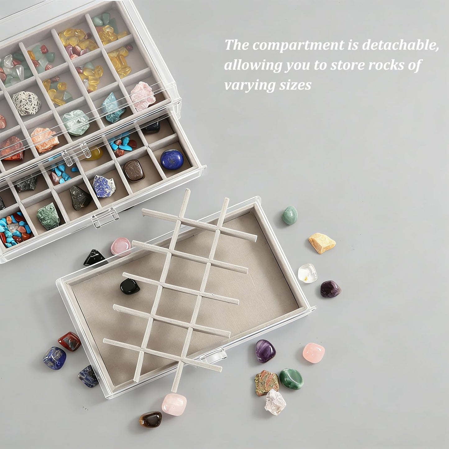 Rock Display Case, 54 Girds Rock Collection Display, Rock Collection Box for Kids with Acrylic Cover and Velvet Compartment, Gemstone Display Case for Stones, Crystals, Gems (Grey)