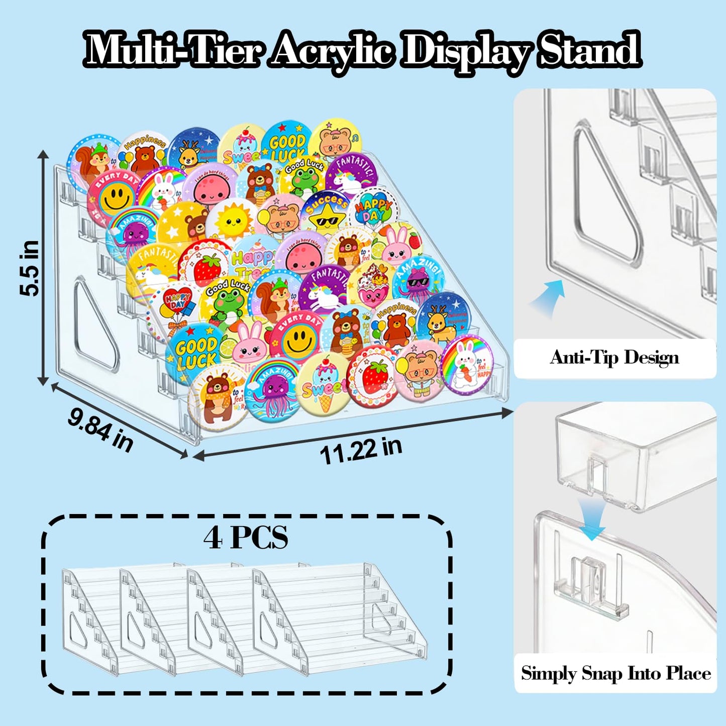 deapera 4 Pack 7 Tier Clear Acrylic Display Stand with Fences, Versatile Organizer for Button Pins, Graded Cards, Mini Figures, Makeup, Nail Polish & Coffee Capsules (4 Pack)