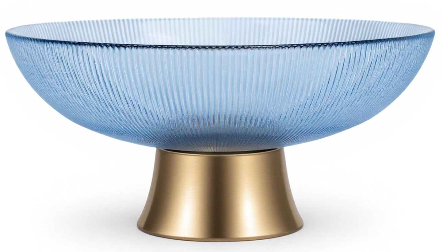 Round Glass Decorative Bowl (Blue), 9.8 Inches Handblown Striped Design Glass Bowl with Rust Resistant Metal Base,Decor Fruit Bowl for Home Decor,Table Centerpiece,Kitchen Island and Dining Decor