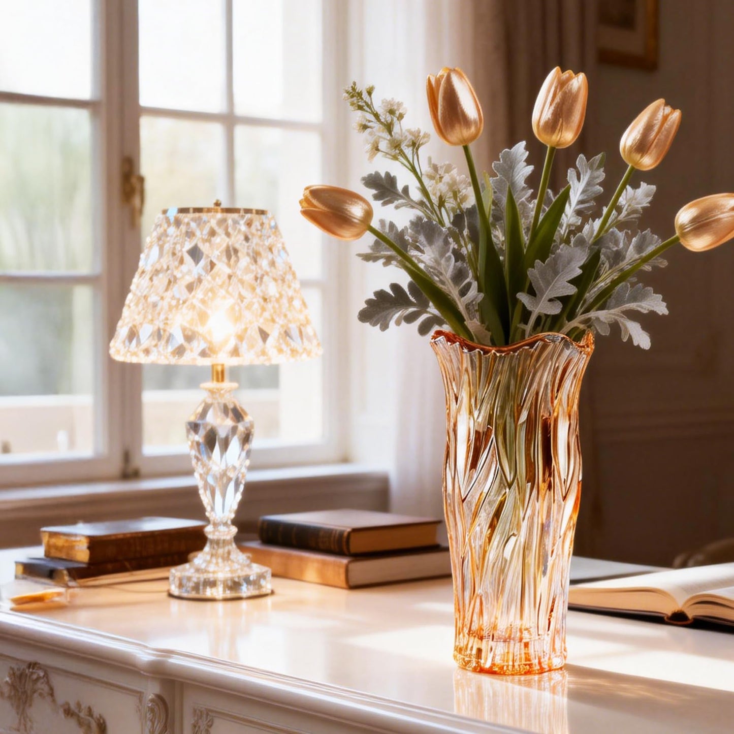 Glass Vase for Flowers, Gold Amber Clear Glass Vases for Centerpieces, Crystal Vase for Home Table Flower Decor 9.1 inches Tall