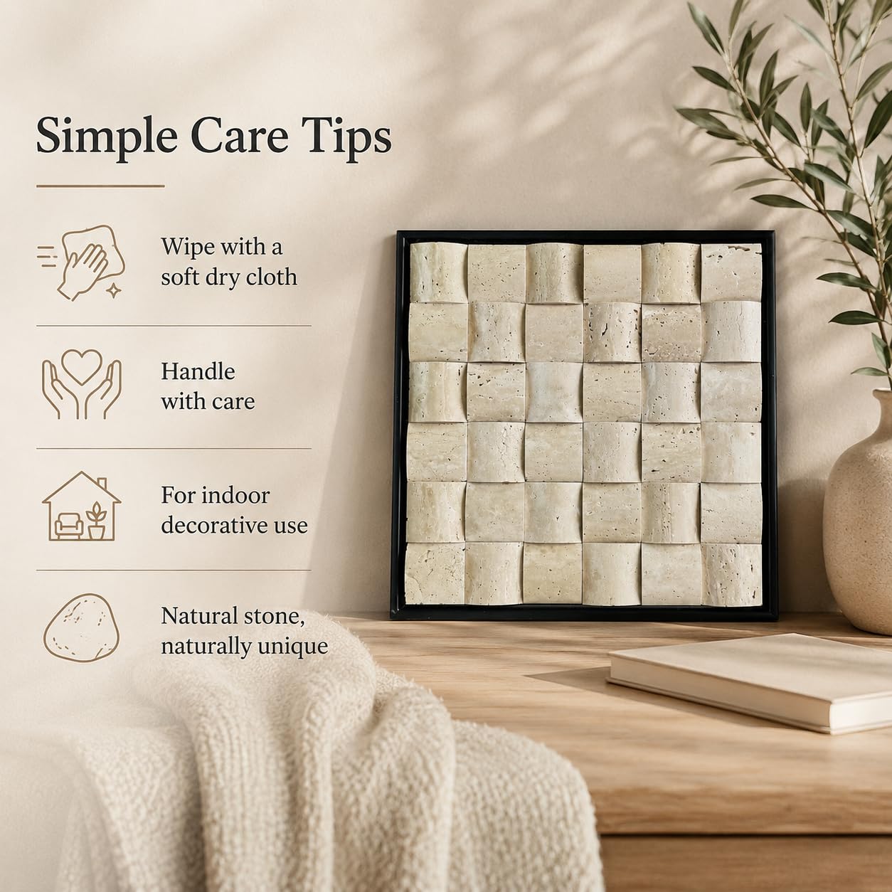 SIRIZEN-DIVING 3D Decorative Travertine Wall Art, Natural Stone Mosaic,Black Frame, Marble Decor, Marble Painting (Beige)