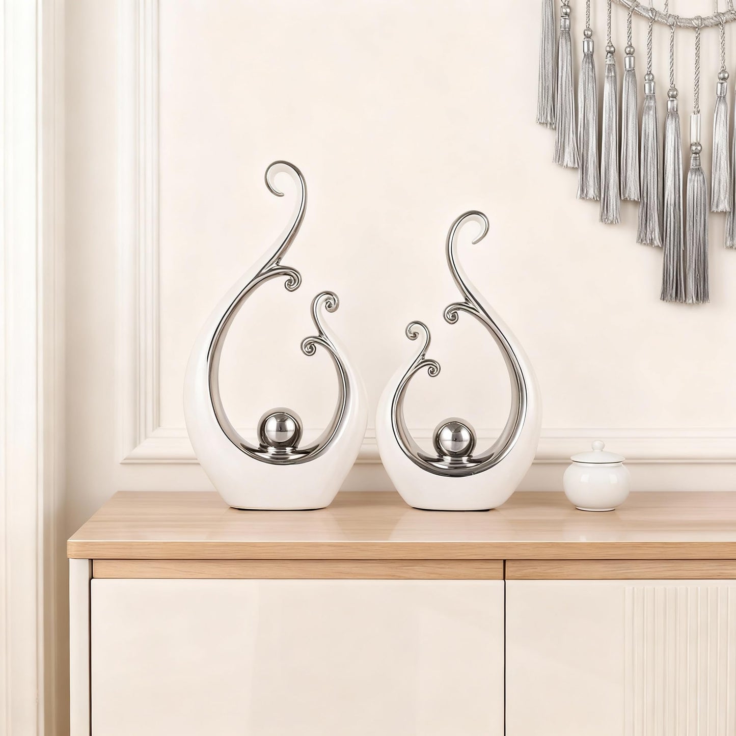 DOVDOV White and Silver Home Decor, Abstract Ceramic 2-Piece Sculpture Set, Modern mid-Century Art Statues, Perfect for Accent Tables, countertops, Coffee Tables, and entryway Decor.