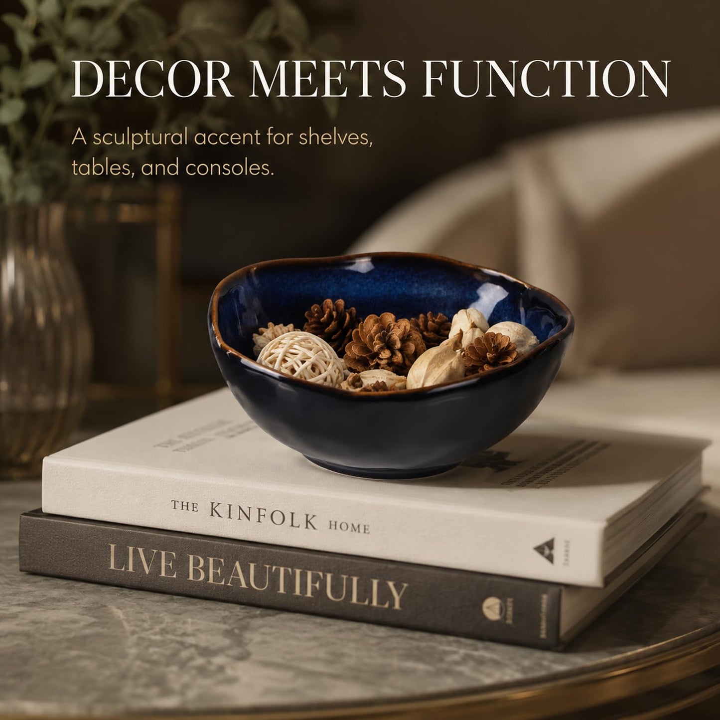 XIYOUQI 6" Blue Ceramic Decorative Bowl, Key Bowl for Entryway Table, Candy Dishes, Salad Bowl, Fruit Bowl for Kitchen Counter, Blue Small Jewelry Trinket Dish for Bedroom, Bedside Table, Living Room