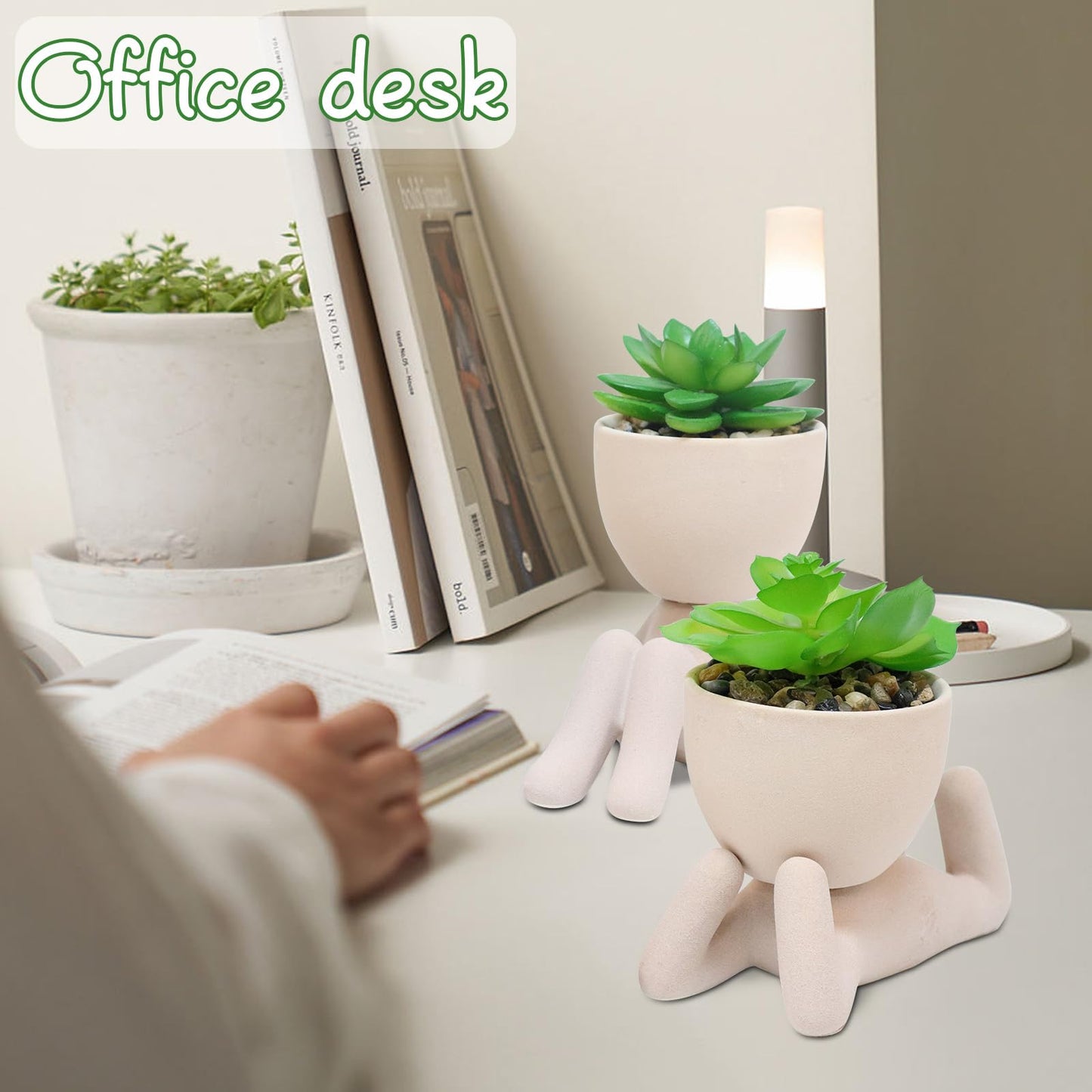 Zerzsy 3pcs Creative Artificial Succulents with Gray Flower Pots Bundle with 2PCS Cute Artificial Succulent Plants with Creative Human Shaped Pots