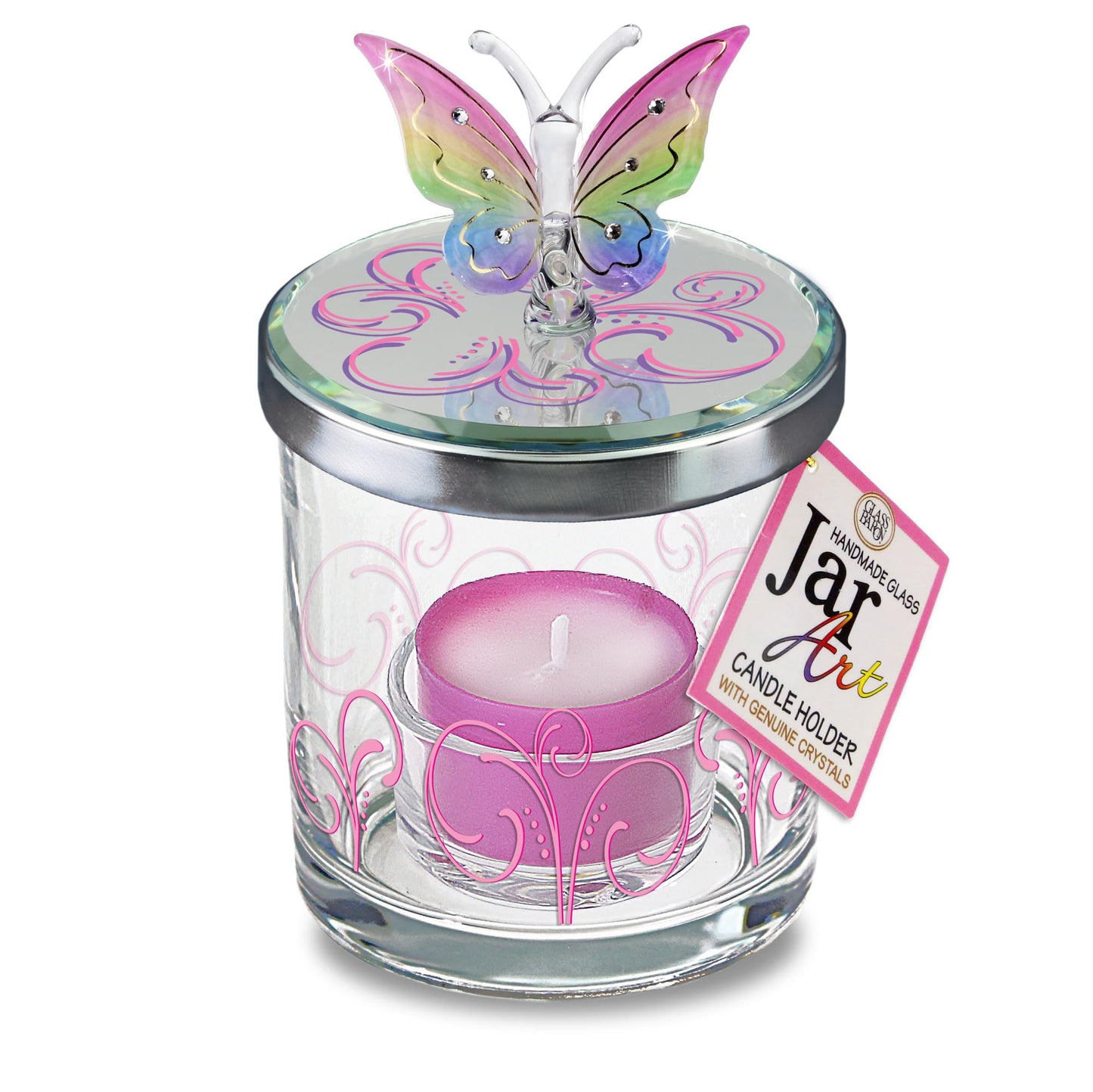 Glass Baron Candle Holder Jar, Blown Glass Rainbow Butterfly Lid with Austrian Crystal Accents, 5.5 x 3 inches