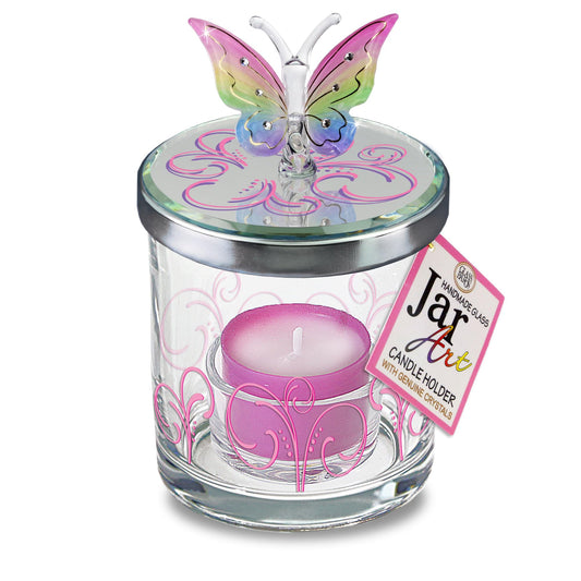Glass Baron Candle Holder Jar, Blown Glass Rainbow Butterfly Lid with Austrian Crystal Accents, 5.5 x 3 inches
