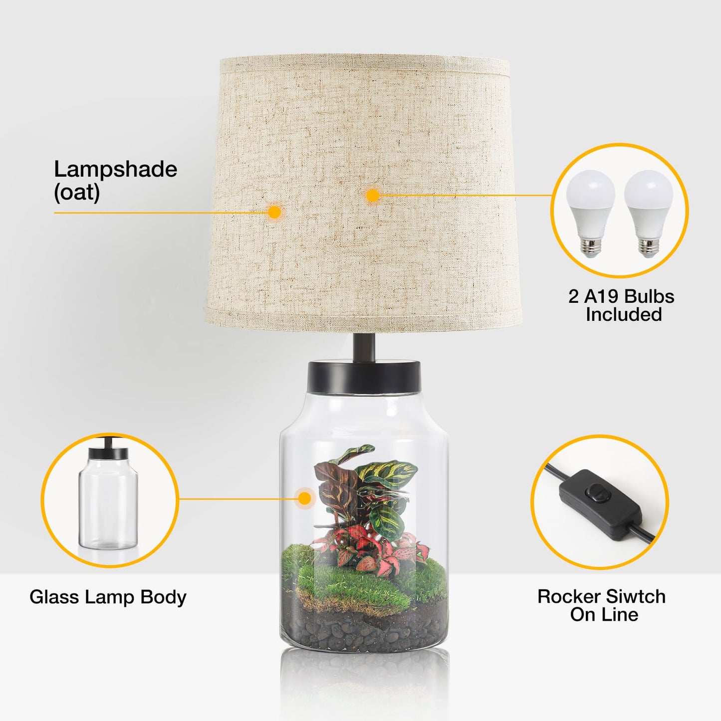 GyroVu Table Lamp Set, Fillable Table Lamp with Clear Glass Nightstand Lamp Set of 2 Beside Lamp for Living Room Bedrooms Office Bulbs Included(Oat Lampshade)