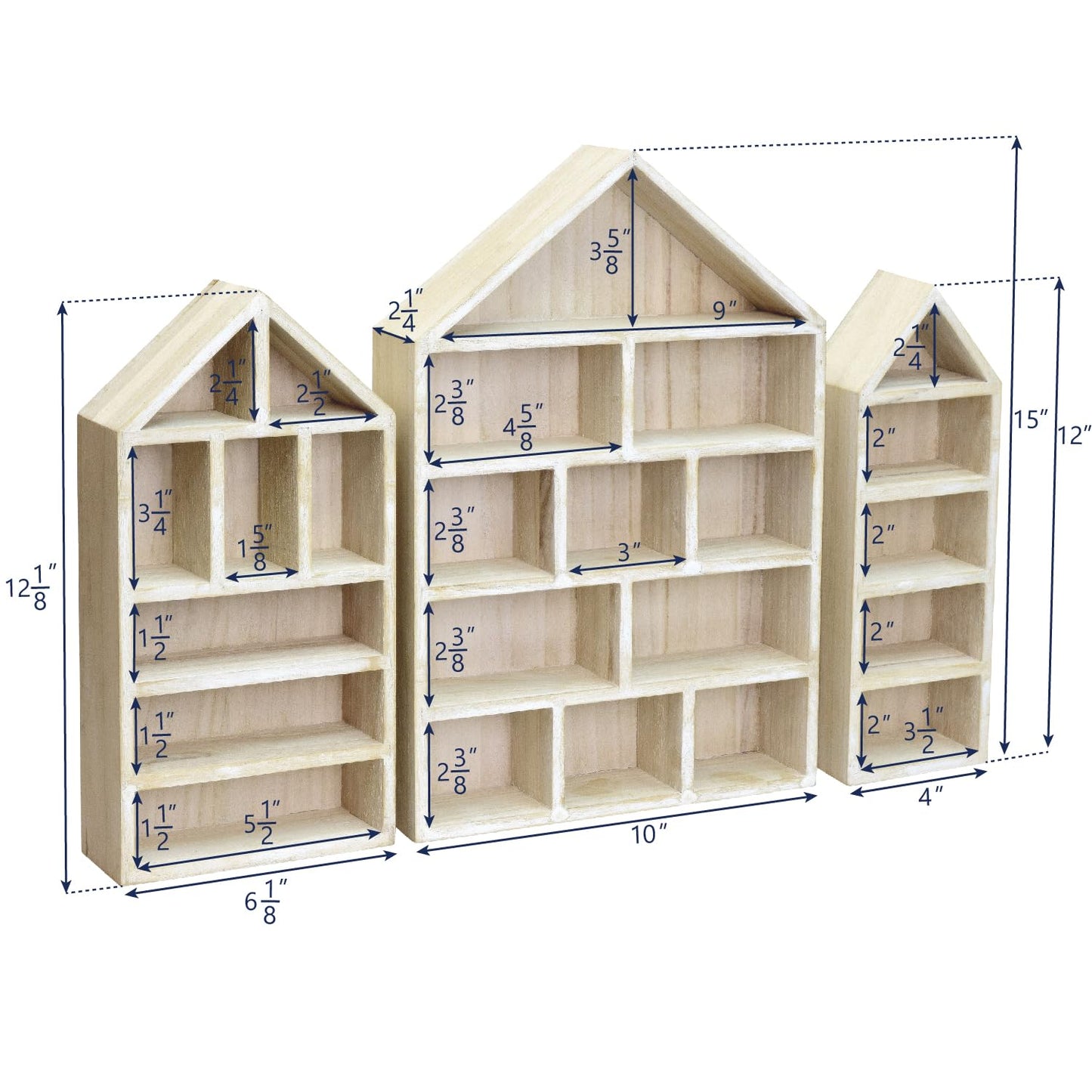 Ikee Design House-Shaped Wooden Shadow Cubby Box Display Shelf Organizer Storage Shadow Box for Mini Figures, Set of 3, Wash White Color, 10 W x 2 1/4 D x 15 H in