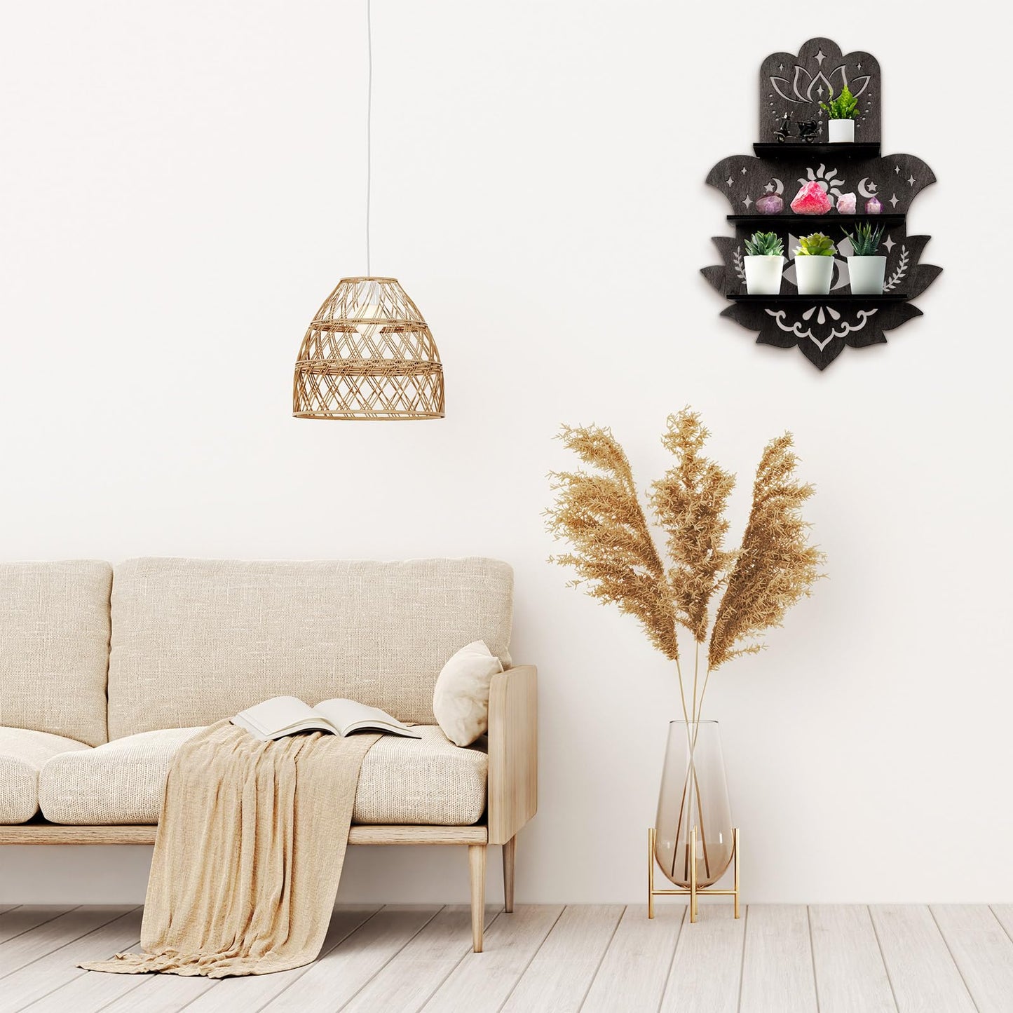 Maitys Hamsa Wall Decor Lotus Crystal Shelf Display for Evil Eye - Large 17'' Hamsa Hand Boho Wooden Hanging Crystal Holder Aesthetic Zen Meditation Spiritual Gift Witch Yoga Decor (Black)
