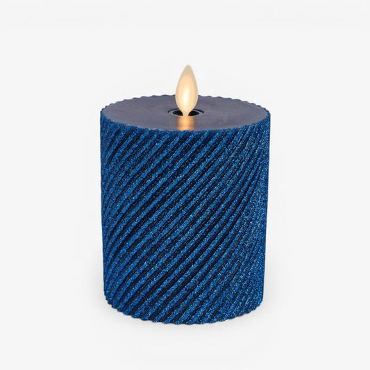 Luminara Glitter Ribbed Flameless Candle Moving Flame LED Pillar (Blue Opal, 4.5")