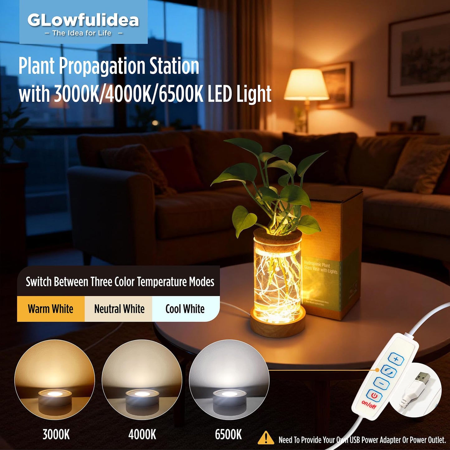 Plant Propagation Station with Light, Glass Planter Station with Waterproof Adjustable LED Lighted Wooden Base, Desktop Hydroponic Plants Terrarium Vases Jars for Home & Office Decor