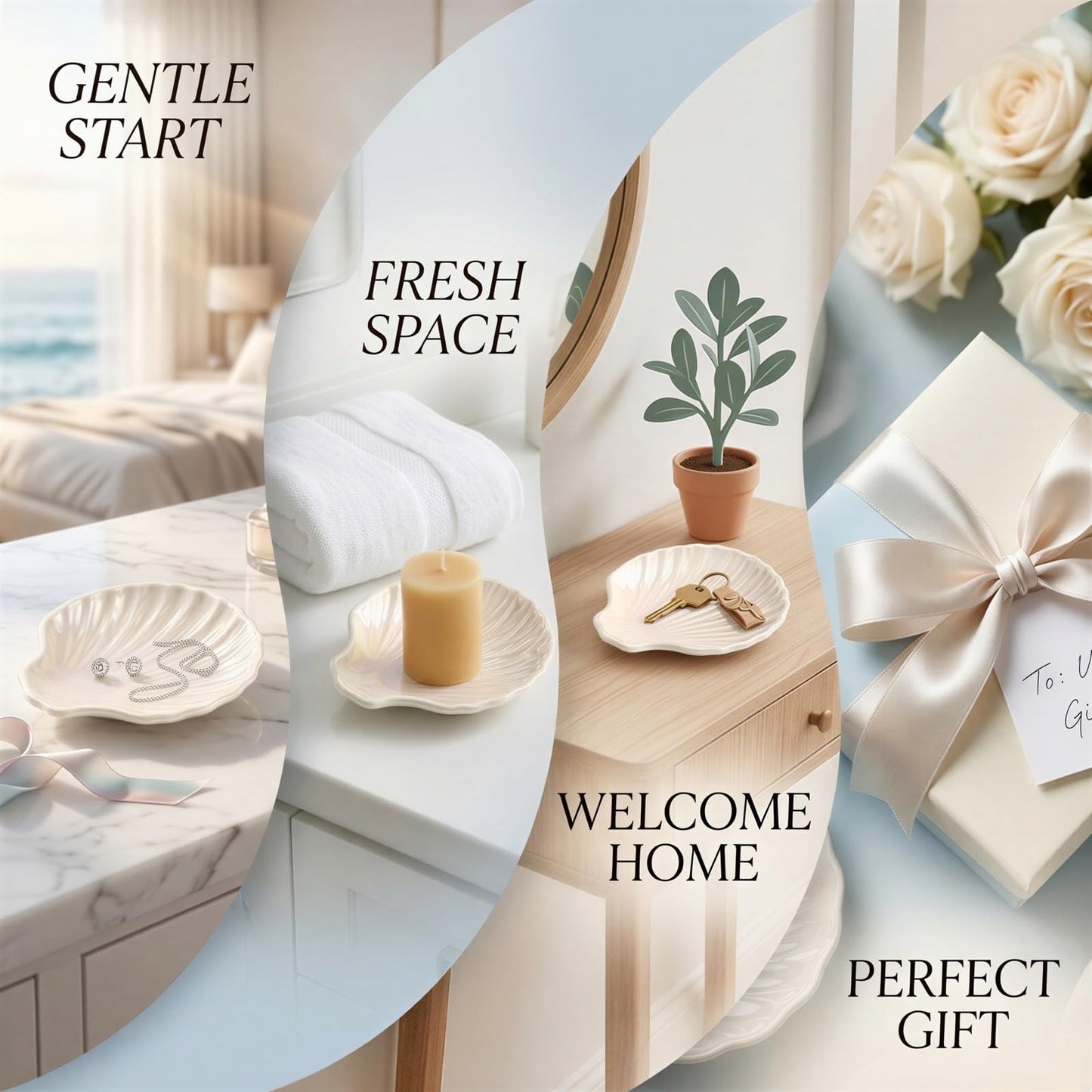 Toyosport 9 Pcs Ceramic Shell Dishes, 4.3 x 3.9 x 0.9 in Small Irregular Trinket Tray, Beach Style Decorative Organizer for Jewelry, Rings, Earrings, Keys, Home Bathroom Counter Decor (White)