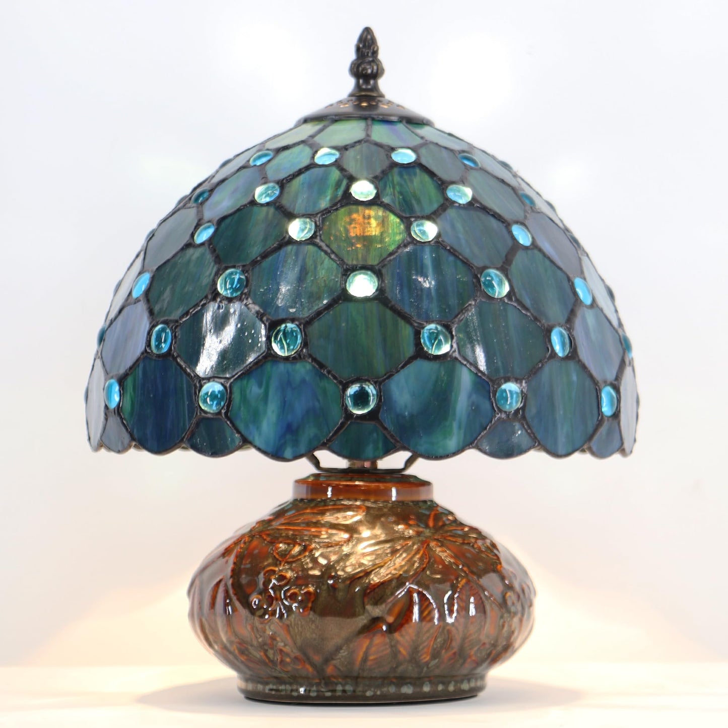LXHCYOU Small Tiffany Table Lamp, 10X10X11 Inch Mini Stained Glass Mushroom Desk Light Memory Sympathy Ceramic lamp (Sea Blue Pearl Style)