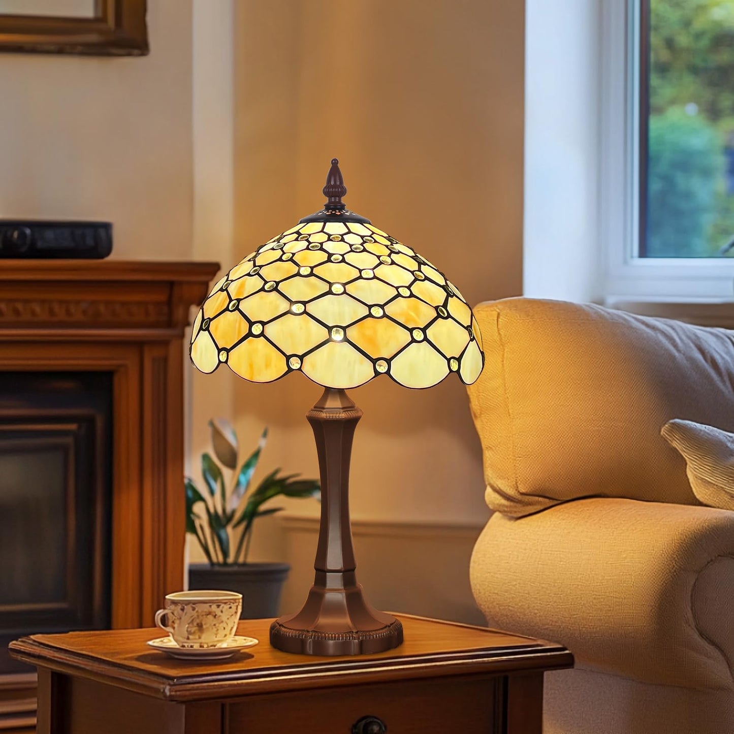 Capulina Tiffany Lamp Yellow Beads Stained Glass Table Lamp 12x12x19 Inches