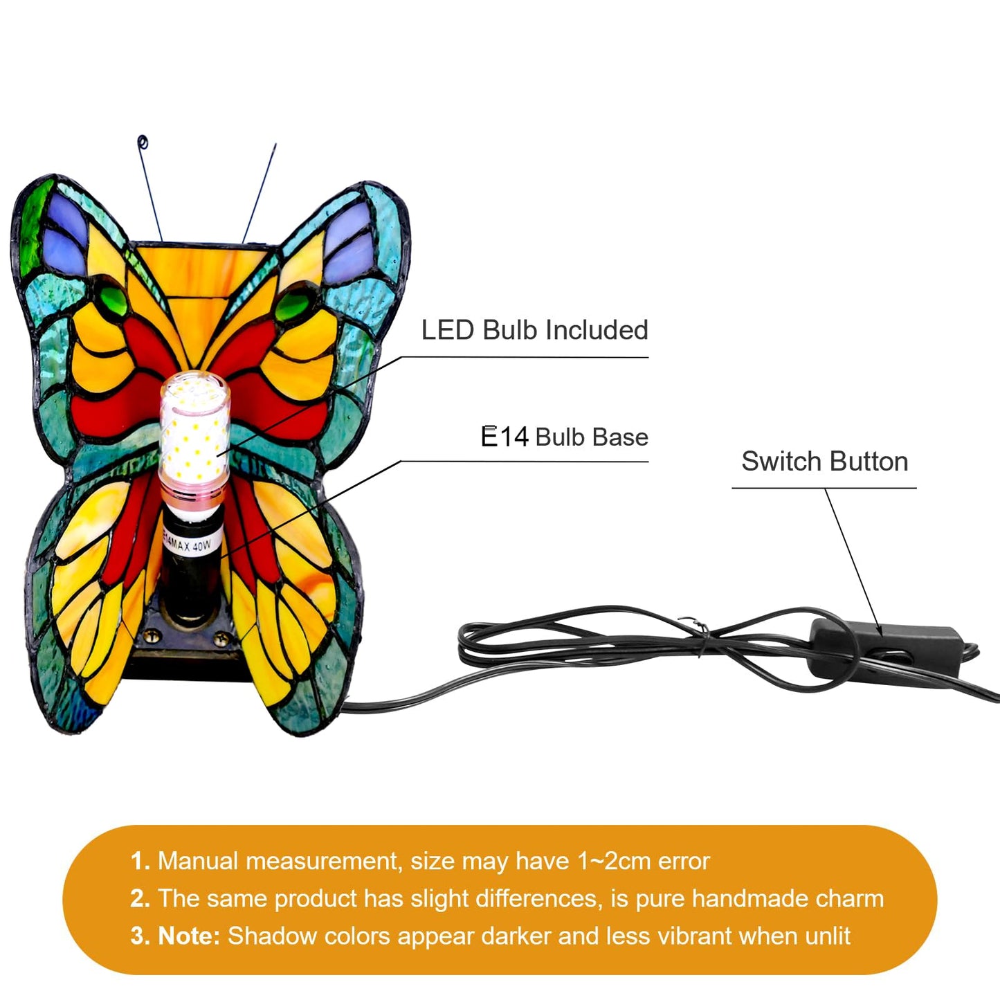 JGWSWQ Butterfly Tiffany Table Lamp, Stained Glass Vintage Night Light