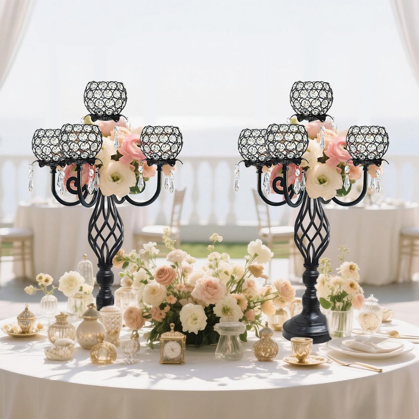 Kehail 5-Arm Crystal Candelabra Centerpiece 23.2" Tall - Elegant Candle Holder Stand with Crystal Bowl, Chic Table Decor for Weddings, Parties, Anniversary & Home Decoration (2, Black)